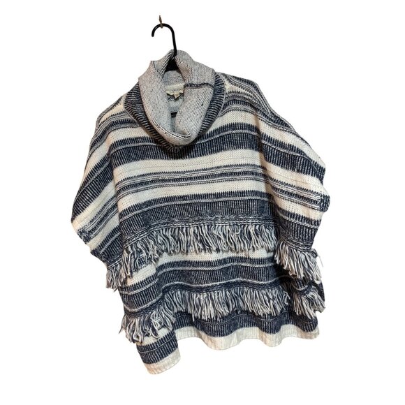 Striped Fringe Women Cowl Neck Poncho Navy Cream OS Cottagecore Quiet Luxury - Picture 2 of 11